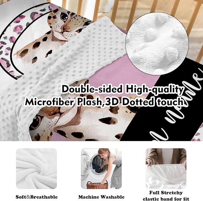 Personalized Nursery Crib Bedding Set: Custom Name Pink 5 Piece Baby Crib Sets with Leopard Design - Toddler Double Layer Blanket Set, Comfortable Crib Bed Sheets for Baby Grils