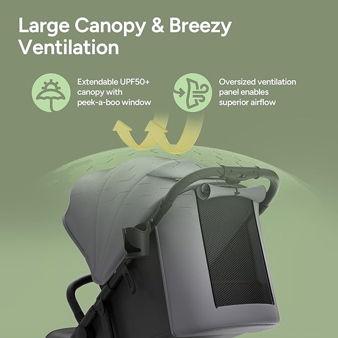 Mompush Nova Baby Stroller for Toddler, Infant & Newborn | Spacious Seat & Lie-Flat Mode | Compact One-Hand Fold, UPF 50+ Canopy & All-Wheel Suspension | Includes Rain Cover & Cup Holder, Grey