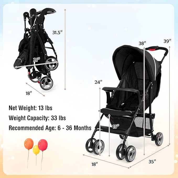 Baby Joy Lightweight Stroller, Compact Toddler Travel Stroller for Airplane, Infant Stroller w/Adjustable Backrest/Footrest/Canopy, 5-Point Harness, Storage Basket, Easy One-Hand Fold, Coffee