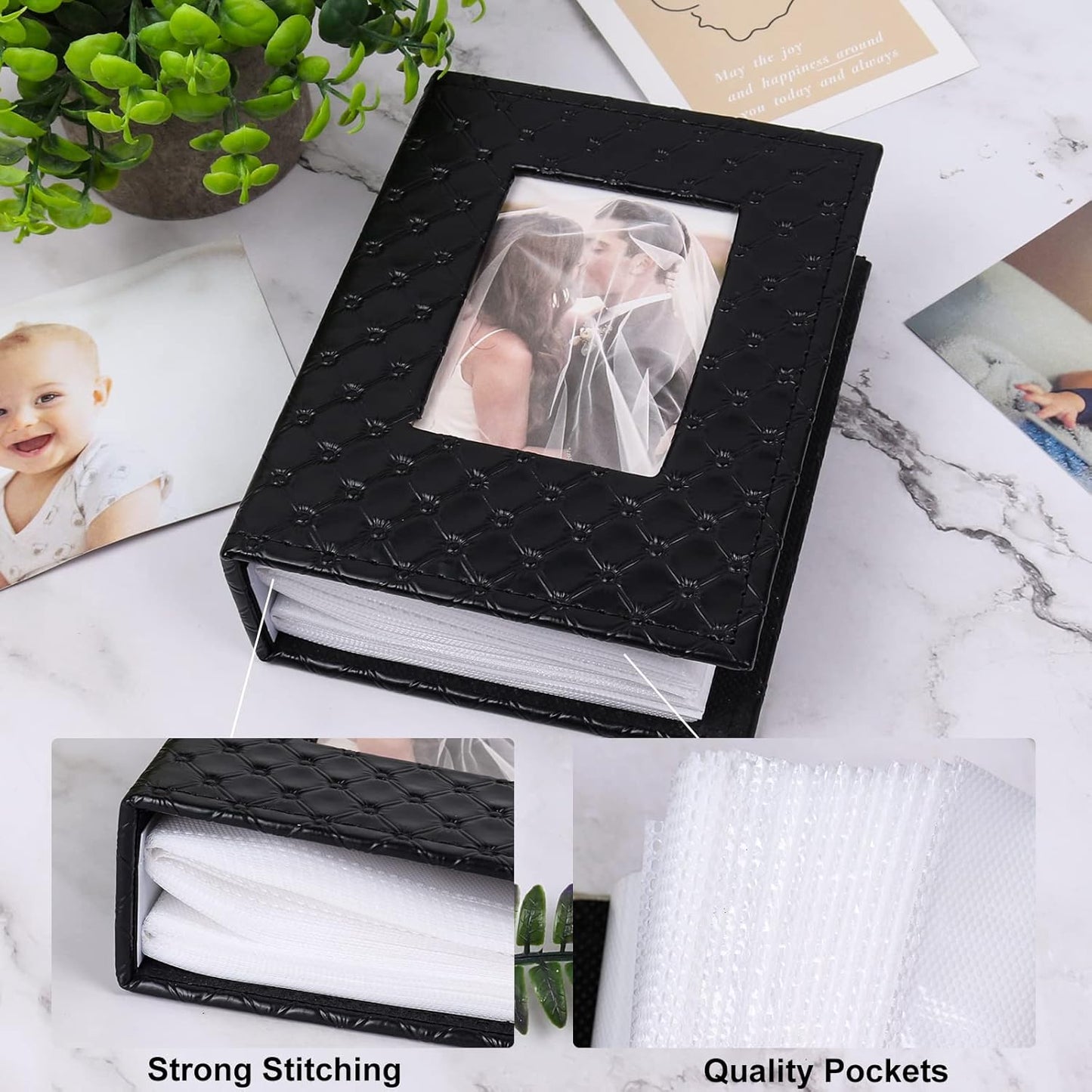 RECUTMS Photo Album 4x6 100 Pockets Photos, Button Grain PU Leather Photo Books Small Picture Album for Baby Family Wedding Christmas Photo Albums Holds 100 Vertical Photos （Black）