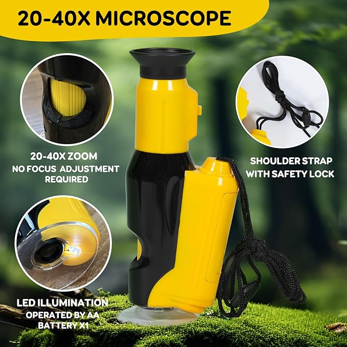 KON-TIKI 4-in-1 Kids Explorer Kit – 4x30 Binoculars with Compass, 20x–40x Handheld Microscope, 12x30 Telescope, Glow-in-The-Dark Compass – Outdoor Adventure & Nature Exploration Toy for Ages 4+