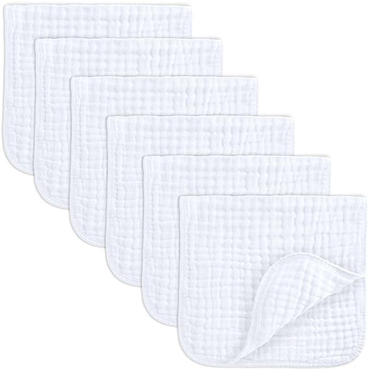 Comfy Cubs Muslin Burp Cloths 20" x 10", Pack of 6 - Large, 6-Layer, Ultra Absorbent 100% Cotton for Baby Spit-Up, Drool, and Messes - Soft, Safe & Gentle Baby Burp Cloths Set for Boys & Girls - White