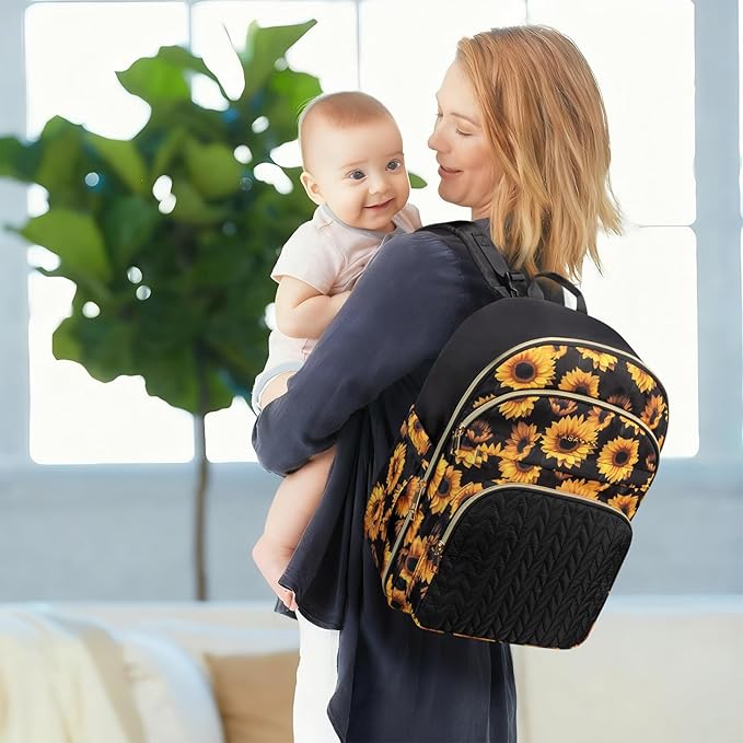 KABAQOO Baby Diaper Bag Backpack, Waterproof Diaper Backpack for Mom & Dad with Changing Pad, Insulated Pockets and Stroller Straps, Baby Shower Gifts for Girls & Boys, Sunflower