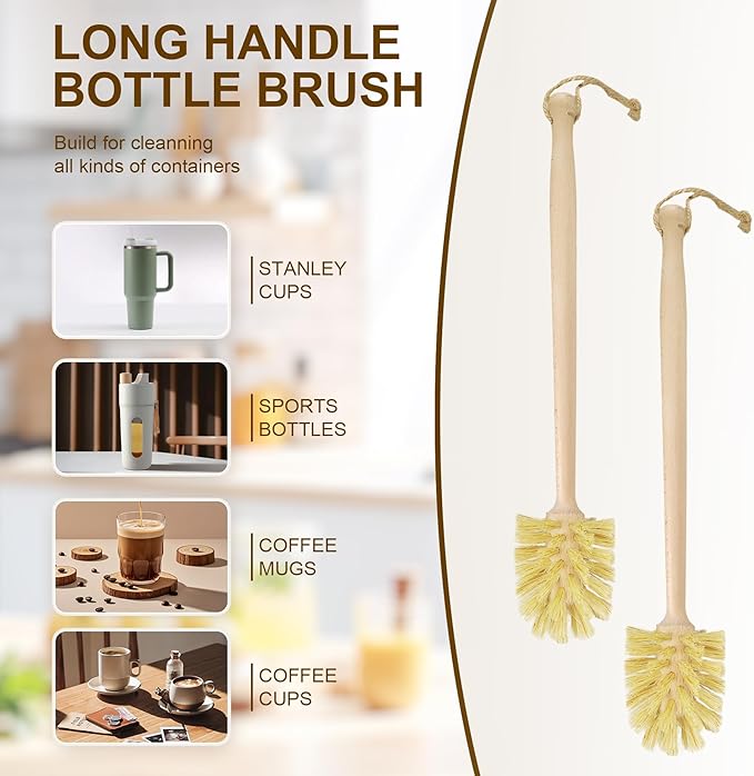 2-Pack Natural Wooden Bottle Brush with Sisal Bristles, Long Handle Bottle Brush Cleaner for Wide Mouth Jars, Water Bottles, Cups, Glasses, Baby Bottles (Non-Scratch)