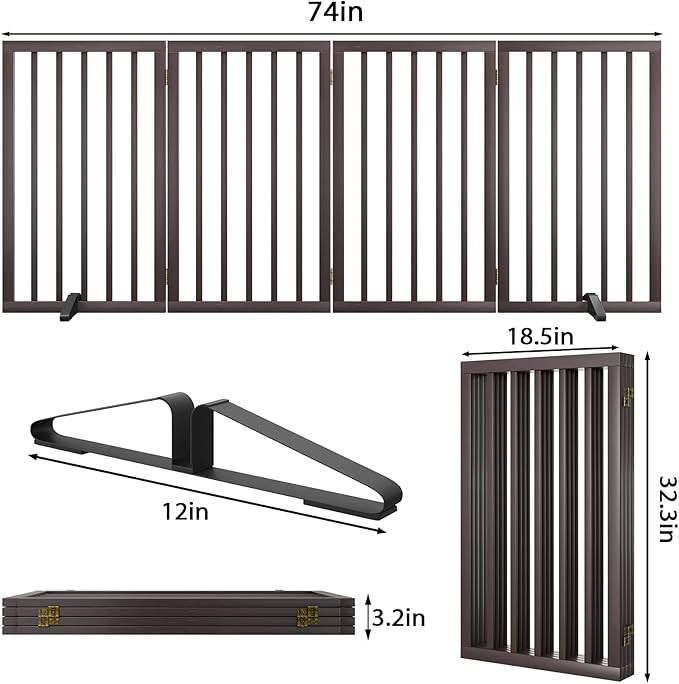 Dog Gate for Doorways 32" Tall Freestanding Dog Gate for Stair Foldable Pet Gate for Dogs Indoor (Brown,4 Panel)