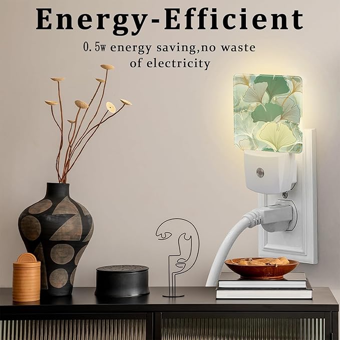 Green Gold Ginkgo Leaves Night Light for Kids,Abstract Botanical Leaves Night Light Plug in with Dusk to Dawn Sensor,0.5w Energy Saving Nightlight for Hallway Stairway Kitchen Bedroom