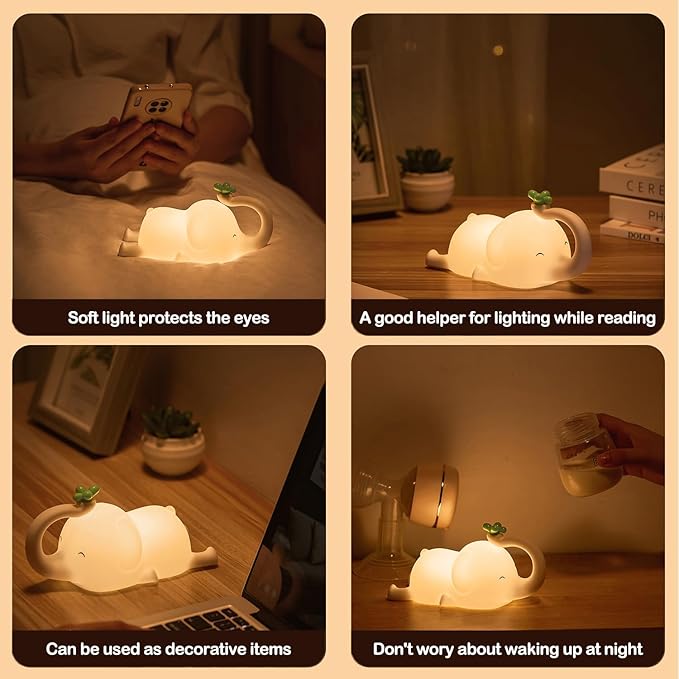 S NMT Cute Elephant Silicone Night Light LED Novelty Lamp 3 Level Dimmable Nursery Nightlight USB Rechargeable Timing Sleeping Lamp for Baby Kids Decor