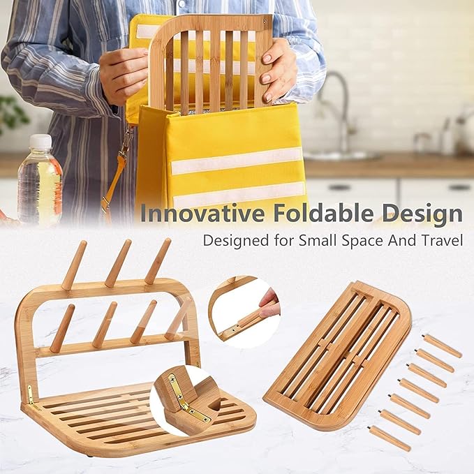 Baby Bottle Countertop Drying Rack Bamboo,Space Saving Kitchen Drying Rack & Bottle Holder for Nipples, Cups, Pump Parts, Accessories, Reusable Ziplock and Freezer Bag Dryer Rack