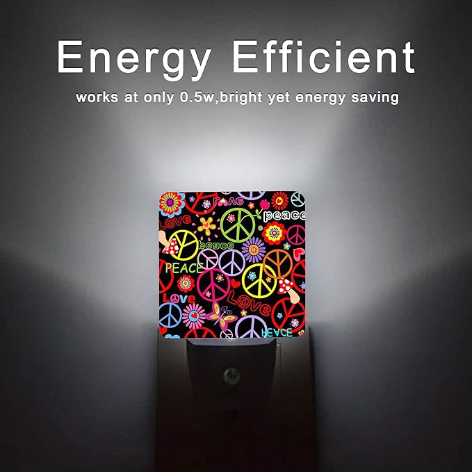 Hippie Peace Flowers Night Light,Hippies Plug-in Night Lights with Dusk-to-Dawn Sensor for Bedroom, Bathroom and Living Room 0.5W Sleep Friendly lamp for for Girlfriend/Boyfriend Gift