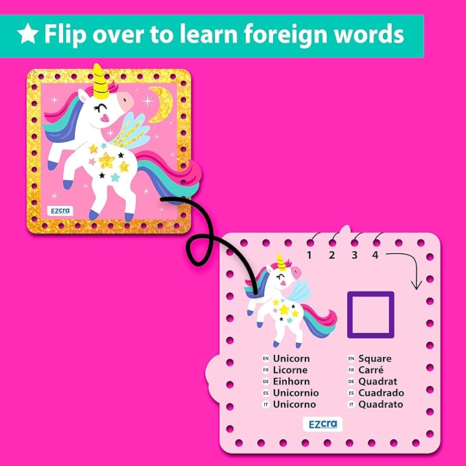 EZCRA Premium Foil Edge Lacing Cards for Kids Ages 3-6 | 10 Double-Sided Unicorn and Fairy Sewing Cards with Multilingual Learning | Durable Cardboard Fine Motor Skills Activity Kit