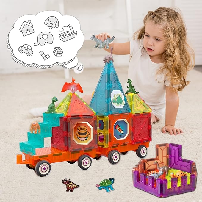 Magnetic Tiles Building Blocks with 4 Cars Magnet Train Set for Kids Construction STEM Toy Preschool Educational Creativity Learning Brithday Gift for Girls Boys Toddlers 3 4 5 6 7 8