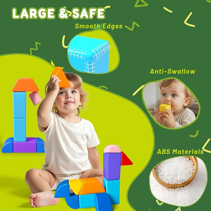 Magnetic Blocks for Toddlers 3-5, Large Magnetic Building Blocks Set, Colorful Stacking Blocks in 7 Fun Shapes, Preschool Learning Kit, Montessori & Sensory Toy for Kids Ages 3+ (14PCS)