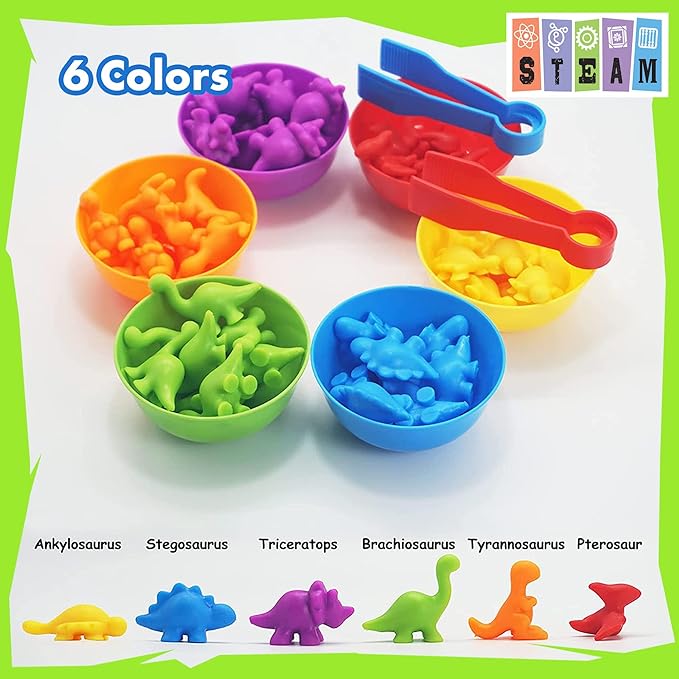 UNIQUE KIDS Counting Educational Learning Toy Set with Sorting Cups - Engaging Sensory Color Classification Training Game for Toddlers Preschoolers Ages 3 Years and Up (Dinosaurs)