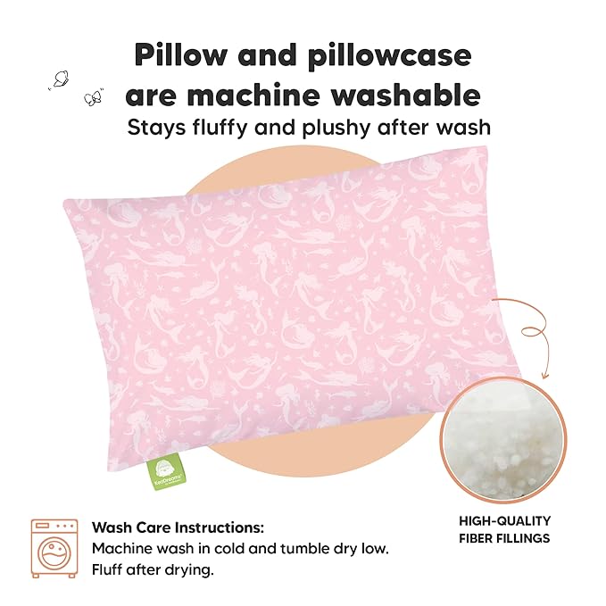 Toddler Pillow with Pillowcase - 13x18 My Little Dreamy Kids Travel Bed Pillows for Sleeping, Organic Cotton Small Pillowcase, Soft & Breathable, Machine Washable, Toddlers 2-5 Years Old (Mermaid)
