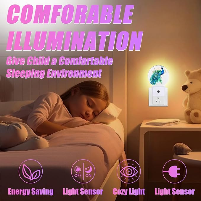 Watercolor Peacock Night Light Feather Night Lights LED Lamp Round Plug into Wall Nightlight with Dusk to Dawn Sensor Home Hallway Stairway Kitchen Decor