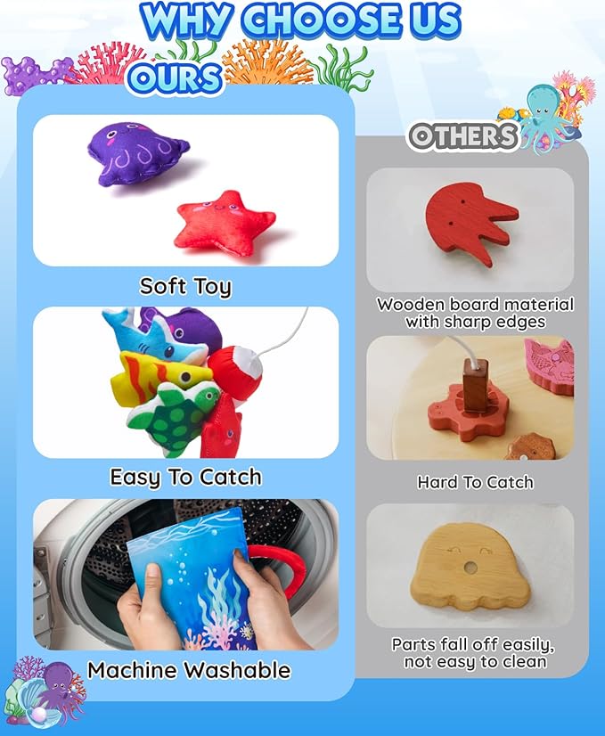 Montessori Toys for 1 Year Old: 10 In 1 Cloth Fishing Game Set with 5 Diverse Fish, 23pcs Stacking Toy Educational Learning Toy for 1 2 3 Years Old Toddler Toys Baby Boys Girls Birthday Gifts