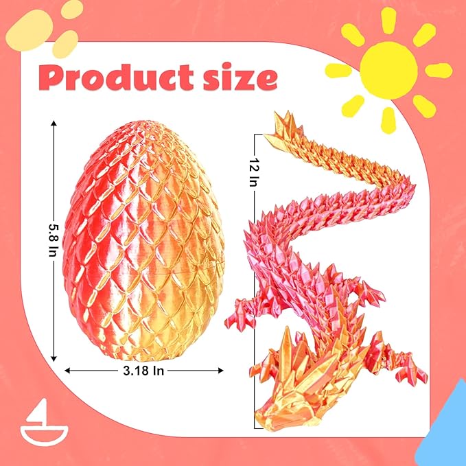 Dragon Eggs with Dragon Inside, 3D Printed Surprise Funny Gifts for Kids, Articulated Dragon Fidget Toys for Adults, Executive Desk Toys Office Room Décor (Orange Red, M-Size)