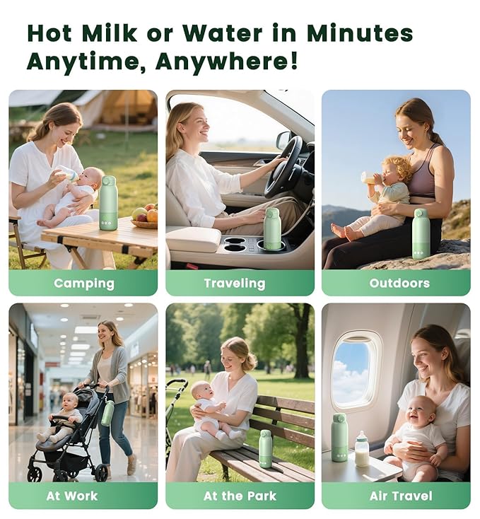 Portable Bottle Warmer for Travel 12oz– 80W Fast Heating, 316 Stainless Steel, 11400mAh Rechargeable Precise Temp Control & LED Display Safety Lock Cordless Travel Warmer for Baby Breastmilk & Formula