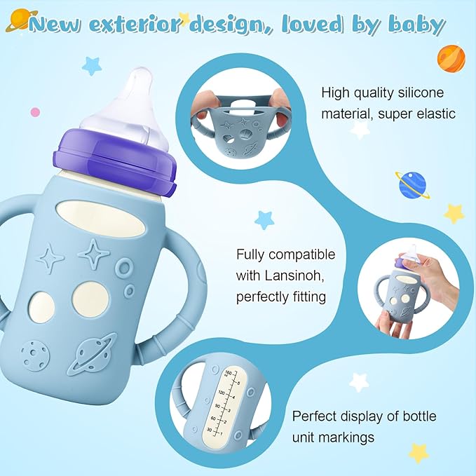 Mity rain 3 Pack Silicone Sleeves for Lansinoh Glass Bottles 5 OZ - Anti Breakage Baby Bottle Holder, Compatible with Lansinoh Glass Bottles for Babies with Handle