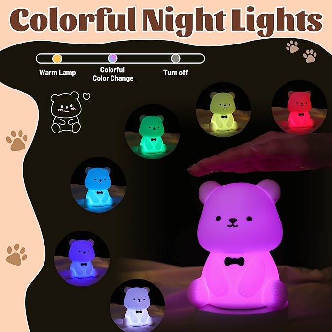 Attivolife Teddy Bear Night Light for Kids, Baby Nursery Beside Silicone Lamp, Protable USB Rechargeable Kids' Bedroom Nightlight with 8 Color Lights, Birthday Christmas Gifts for Girl Boy Children