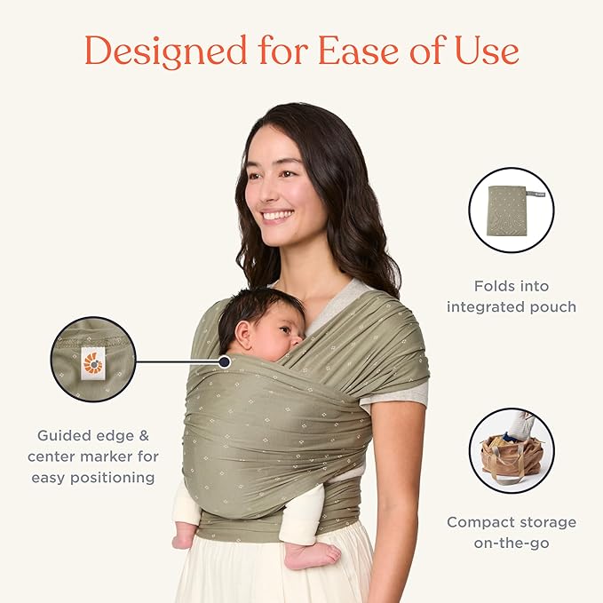 Ergobaby Sustainable Knit Aura Baby Carrier Wrap for Newborn to Toddler (8-25 lbs) - Comfortable, Ergonomic, & Ultra-Soft Newborn Wrap Carrier - One Size Fits Most - Rayon, Olive Diamond