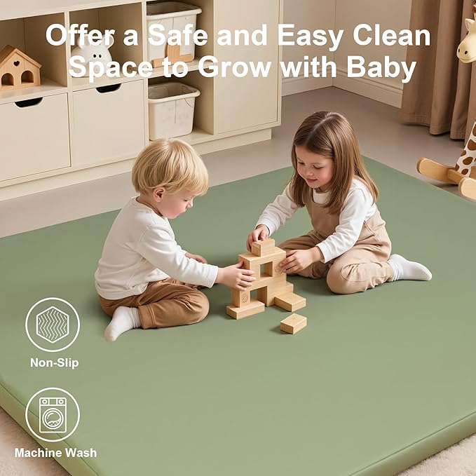 Baby Play Mat for Floor,50x50 Playpen Mat,Non-Slip Leather&Thick Foam Floor Cushion,Removable Waterproof Cover,Easy Care for Baby Crawling,Toddler,Kids,Tummy Time（Sage Green)
