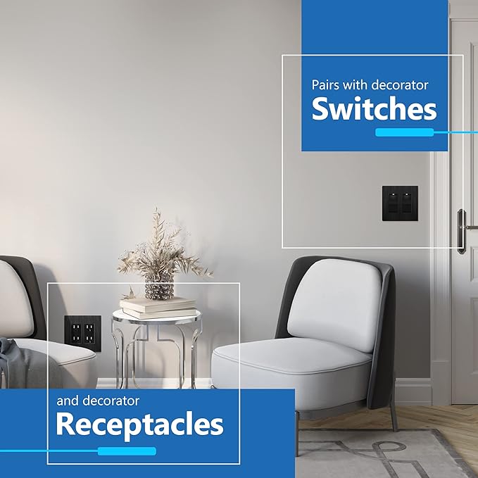 LIDER Brushed Finish Double Decorator Switch Cover, Screwless Wall Plate, Mid-Size 2-Gang 4.88" x 4.92", Unbreakable Polycarbonate Thermoplastic, UL Listed, LSWP-32M-BBK10P, Brushed Black, 10 pack