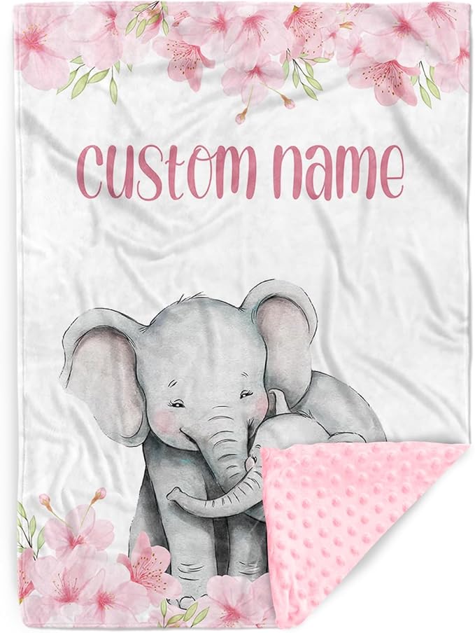 Custom Name Baby Blanket for Girls, Personalized Flannel Blanket with Dotted Backing, Soft and Cozy Swaddle Blanket for Infants and Toddlers, Elephant Love Theme