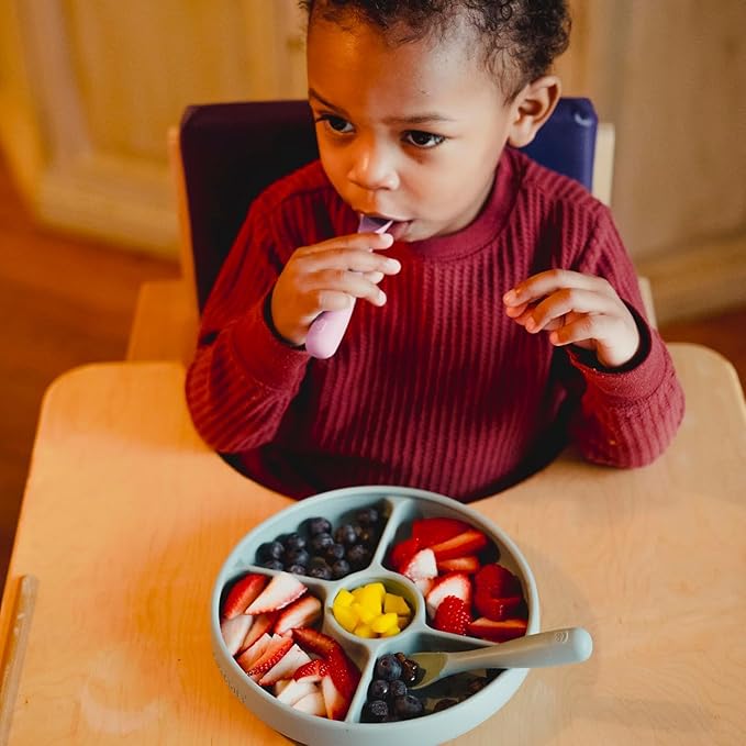 Talktools Bitsy Feeding Kid's Essentials Plate Set – Toddler Utensils, Spoon and Fork, Plate Lid, Perfect for Mealtime – Strong Suction Toddler Plates with 4 Compartments (Spoon/Fork-Bubblegum)
