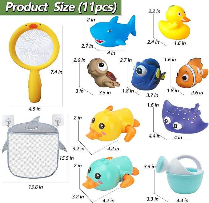 Bath Toys for Kids Ages 1-3, No Hole Bath Toys for Babies 6-12 Months, Wind-up Ducks Baby Pool Toys, Rubber Duck Watering Can Fishing Net Water Toys for Toddlers, Bath Toy Storage, Halloween Toy