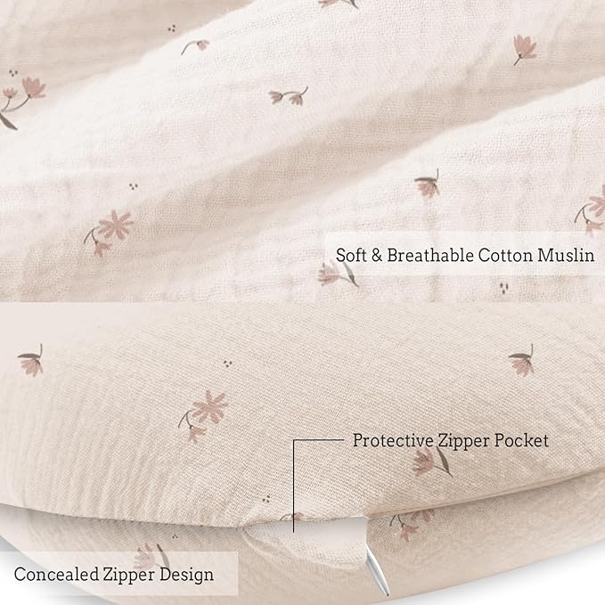 Little Grape Land Muslin Nursing Pillow, Soft 100% Cotton Breastfeeding Pillow with Breathable Cotton Removable Cover, Fog Flower Breast Feeding Pillows for Babies 0-12 Months with Protective Zipper