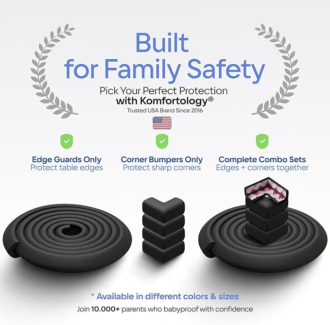 Baby Proof Corners and Edges with Furniture Corner & Edge Safety Bumpers, Impact-Absorbent 18ft Bumper & 8 Foam Corner Protectors, Cushy, Thick, Odorless Table Edge Protectors for Baby, Child | Black