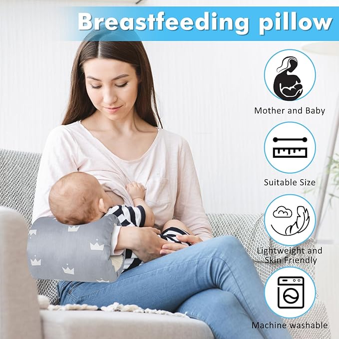 Nursing Arm Pillows for Breastfeeding,Baby Feeding Arm Pillow Portable and Washable for Travel, Soft Cotton Ergonomic Bottle Nursing Essentials（Grey Crown）
