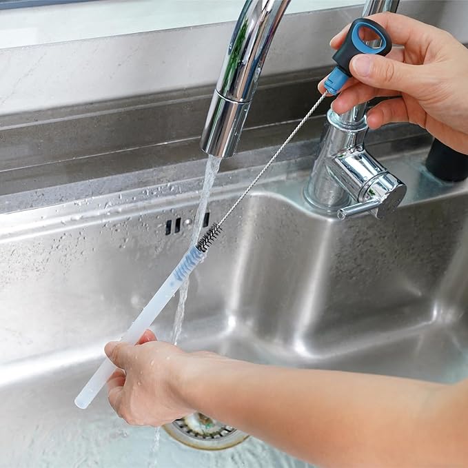 2-in-1 Water Bottle Brush and Straw Cleaner Brush, Long Handle Scrub Brush with Replaceable Head for Water Bottles, Glasswares, Mugs, Flasks, Tumblers, Vases, and Kitchen Sink, Smokey Blue