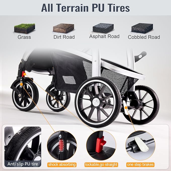 Baby Stroller, 2-in-1 Reversible Toddler Seat with Basket Mode, Foldable Infant Stroller with Canopy, One Button Brake, Adjustable Handle, Newborn Pushchair (Gray)