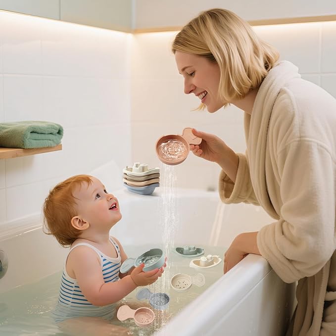 Baby Bath Toys, 11PCS | Mold Free Bath Toys for Toddlers with Bath Boats | Educational Bath Spoons with Numbers| Easy-Grip, Floating and Drain Water | Count Skill & Color Recognition | Baby Pool Toys