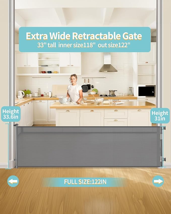 DEAR LOV Retractable Baby Gate, Mesh Baby Gate or Mesh Dog Gate, 33" Tall, Extends up to 118" Wide, Child Safety Gate for Doorways, Stairs, Hallways, Indoor/Outdoor (33"x118",Gray)
