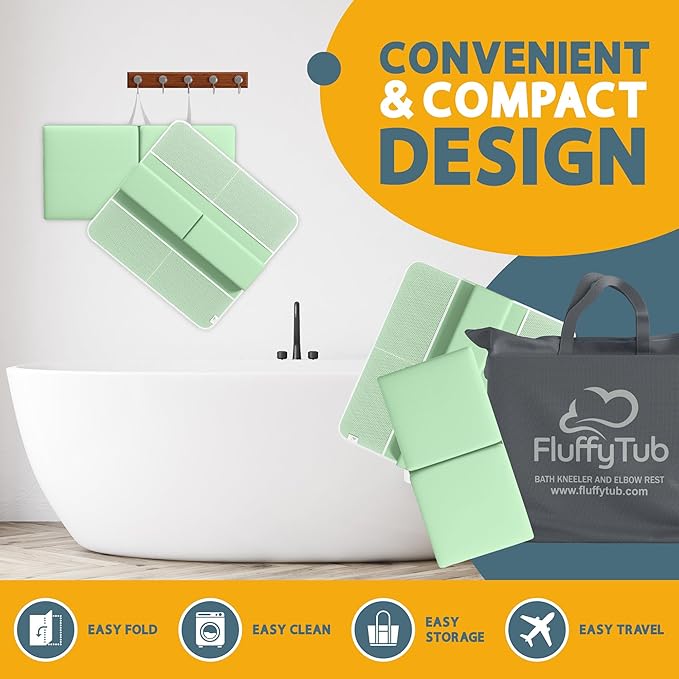 Baby Bath Kneeler and Elbow Rest Pad Set, 2-Inch Thick, Memory Foam, Water-Resistant Mat – Bath Time Essentials Cushion and Bath Kneeling Pad for Bathing Baby with Bathtub Toy Organizer (Mint Green)