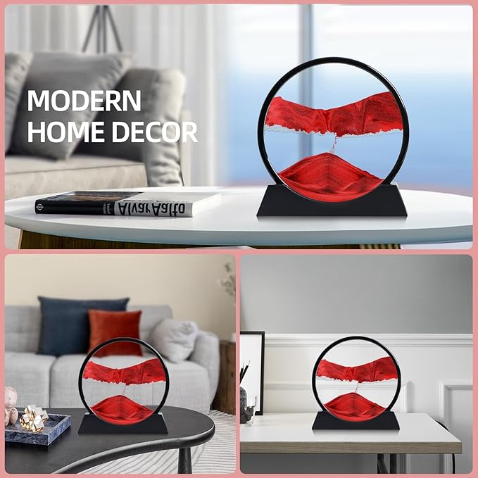 Moving Sand Art Liquid Motion, 3D Deep Sea Sandscape Color Quicksand Decor, Round Glass Moving Sand Art Picture Relaxing Desktop Home Office Work Decor (Red, 12 inch)