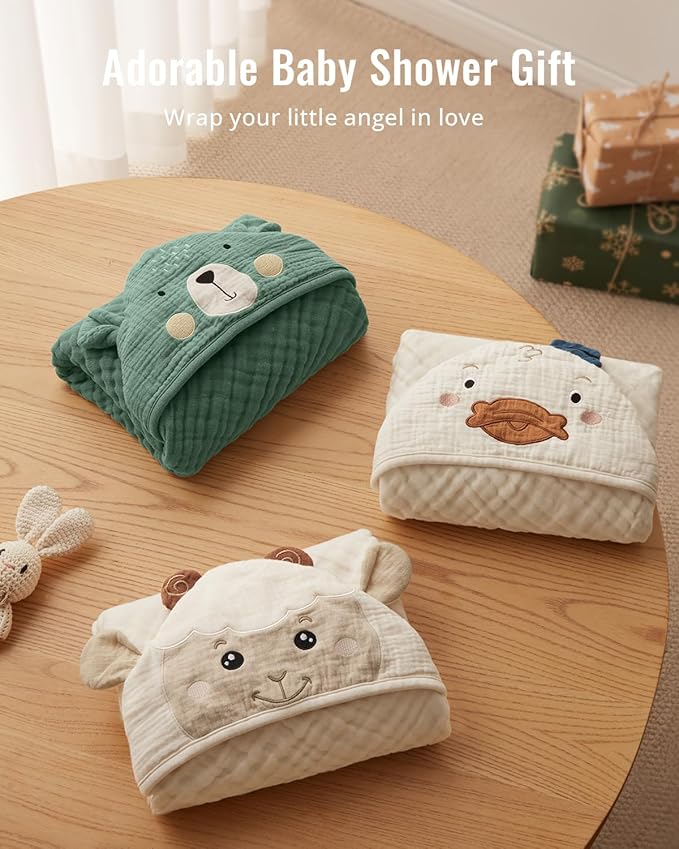 Blissful Diary Muslin Baby Hooded Towel 1 Pack, Soft & Absorbent Bath Towel for Infant, Toddler, Unisex, Baby Gift, Newborn Essentials, Gentle Lamb