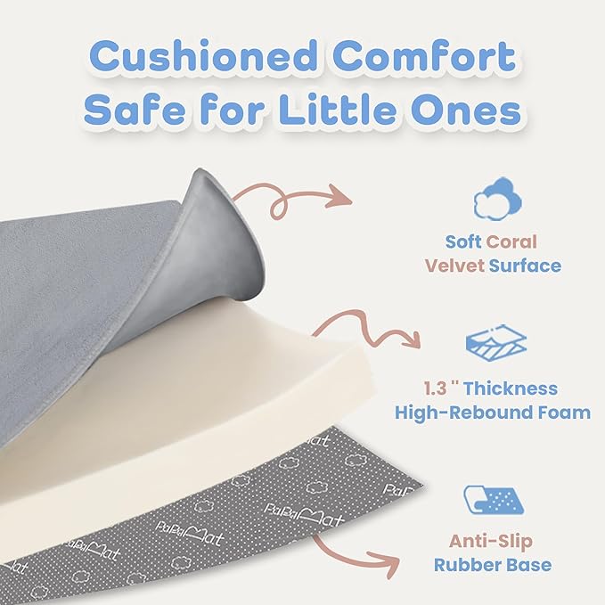 1.3" Thick Baby Floor Play Mat 59x79, Basic Padded Foam Mat for Tummy Time Crawling, Non Slip Cushioned for Babies Toddlers Infants Kids (Light Grey)