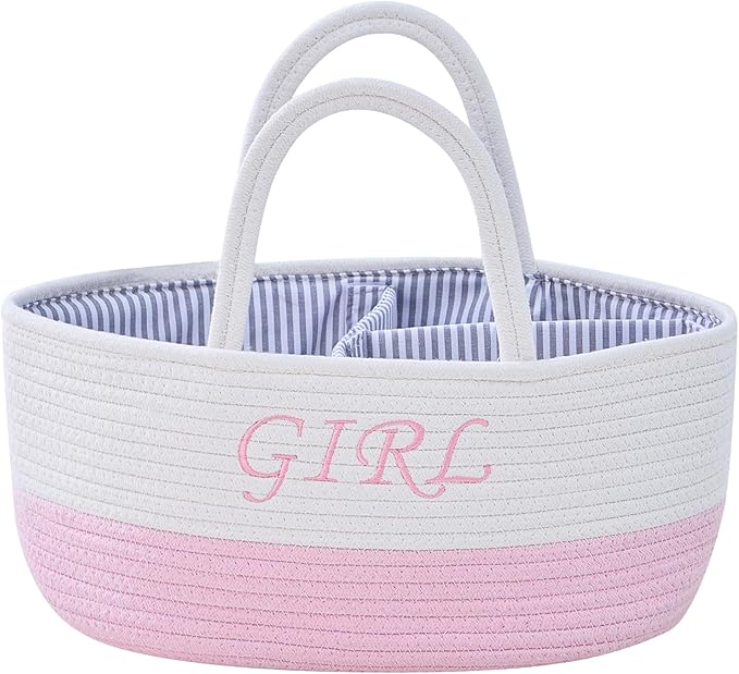 DUHEL Diaper Caddy Organizer with Handle,Baby Basket use for Diaper Organizer and Storage,Baby Girl Newborn Essentials,3 Compartments-Cotton rope Material Storage for Home or Travel. (White＆Pink)