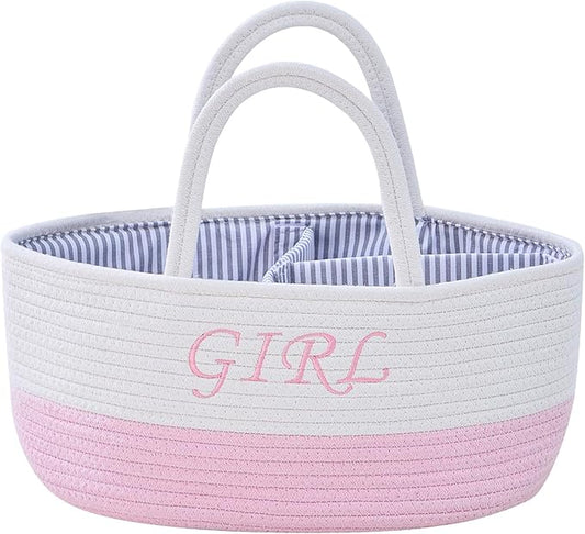 DUHEL Diaper Caddy Organizer with Handle,Baby Basket use for Diaper Organizer and Storage,Baby Girl Newborn Essentials,3 Compartments-Cotton rope Material Storage for Home or Travel. (White＆Pink)