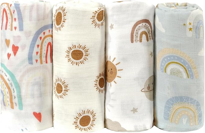 4 Set Muslin Swaddle Blankets for Newborn Baby Boys, Girls,Receiving Blankets-Cute Soft Print Baby Towel Wrap 120x110cm Baby(Rainbow)