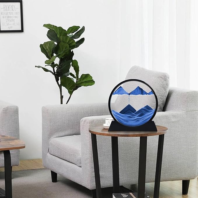 Moving Sand Art Liquid Motion, 3D Deep Sea Sandscape Color Quicksand Decor, Round Glass Moving Sand Art Picture Relaxing Desktop Home Office Work Decor (Blue, 12 inch)