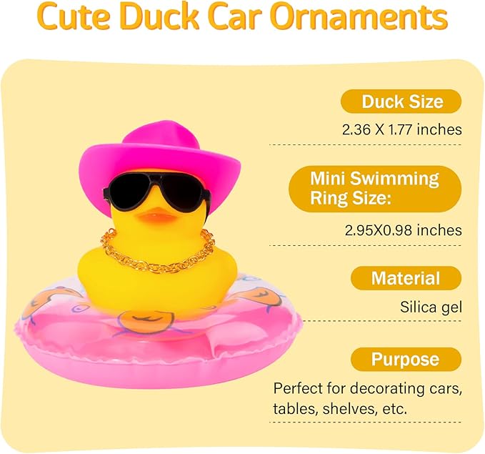 wonuu Car Rubber Duck, Yellow Duck Decoration Dashboard with Sun Hat Swim Ring Necklace Sunglasses for Car Dashboard Decorations