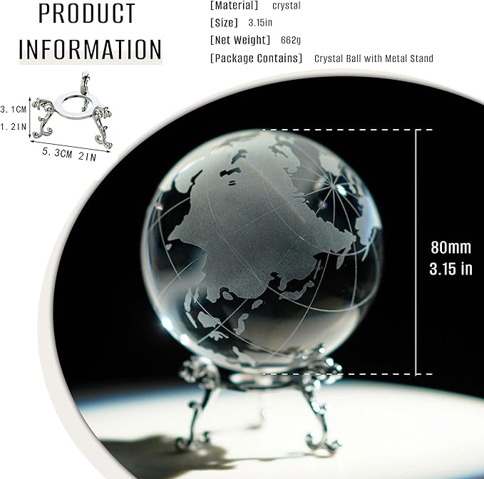 80mm Crystal Earth Globe Ball with Stand World Map Glass Sphere Desk Office Home Decor Glass World Globe Paperweight