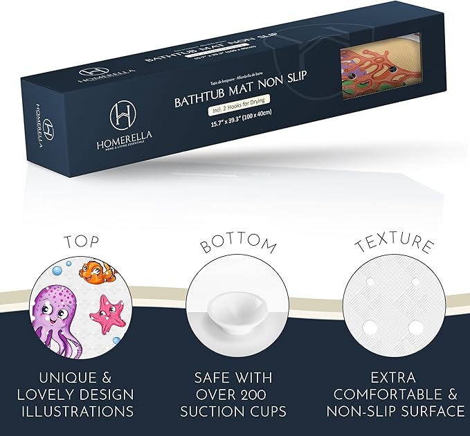 Homerella Baby Bath Tub Mat | Anti Mold Mildew Resistant Non Slip Kids and Adult Bath Tub Shower Mats | 40x16 inch Long with Suction Cups for Secure Grip Hooks for Storage & Drying | Machine Washable