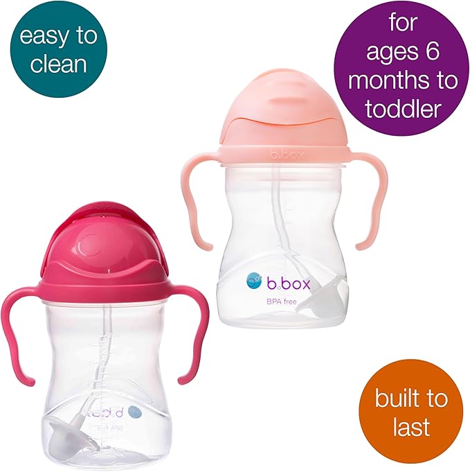 b.box Sippy Cup with Weighted Straw (2-Pack). Leak Proof, Easy Grip. BPA Free & Dishwasher Safe. Ideal for Babies 6m+ to Toddlers (raspberry + tutti fruitti, 8oz)