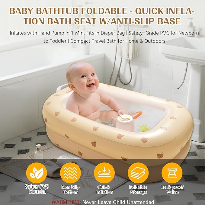 Inflatable Baby Bathtub Built-in Air Pump, Portable Travel Baby Bath Tub, Blow up Toddler Pool Seats for Babies Sitting up, Foldable Bathing Infant Shower Basin for Newborn 3 Months and up (Bear)